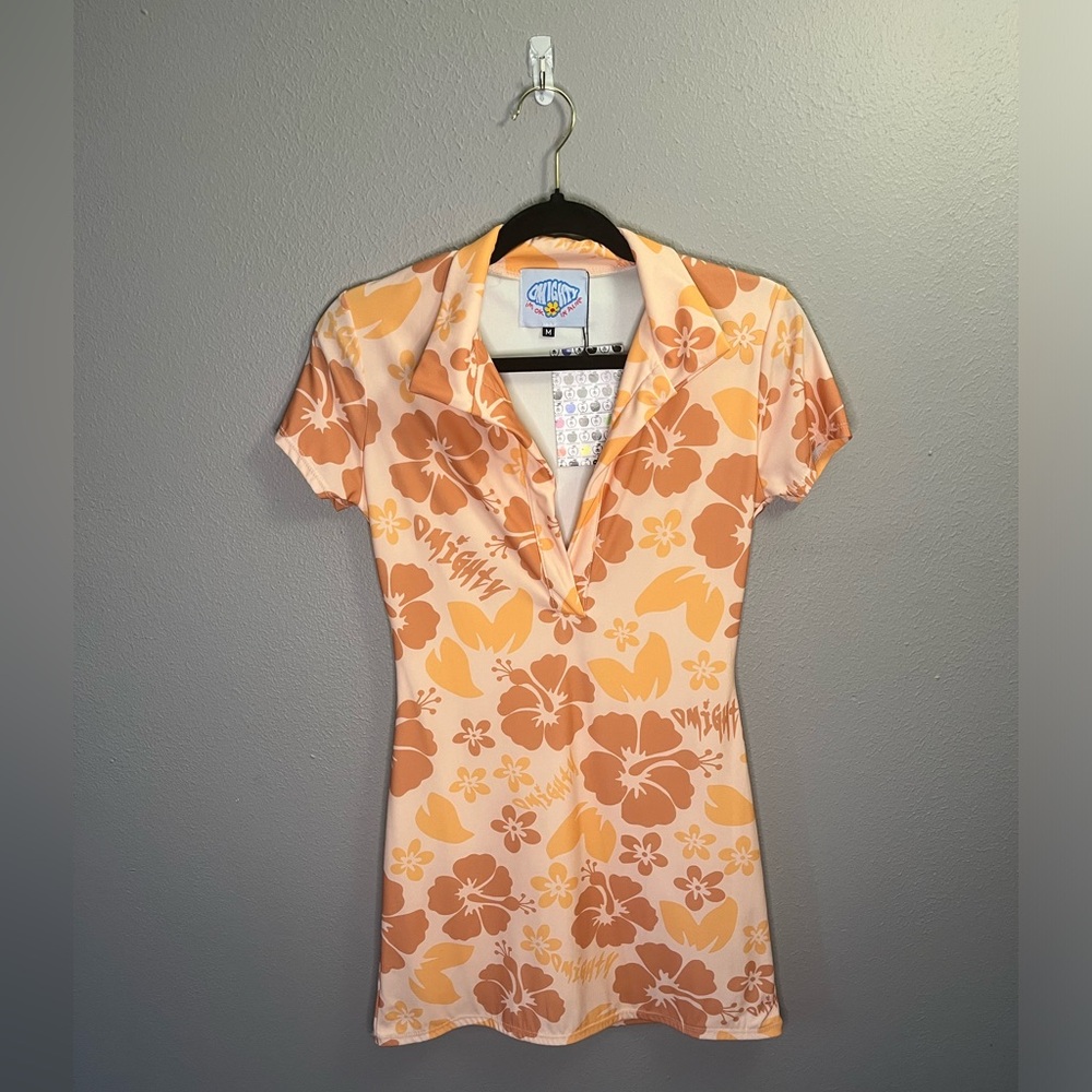 Omighty Stretchy Orange Hibiscus Tropical Print Dress Size Medium NWT